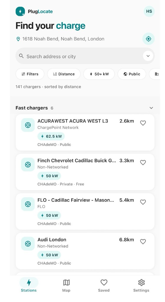 PlugLocate Stations list — Find your charge with filter chips