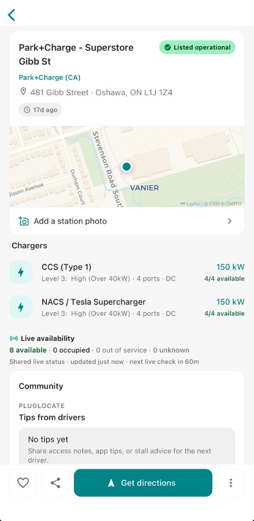 Station detail with TomTom live availability and Get directions