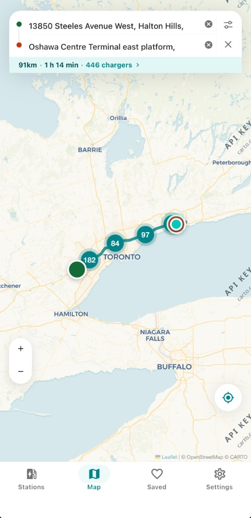 Map trip mode with route and chargers along the corridor
